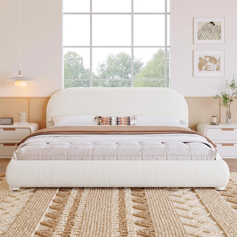 Modern Upholstered King Bed Frame with Curved Headboard, Soft Bouclé Sleeper Bed for Bedroom, 87'' L x 84.5'' W x 33.5'' H, Cream White