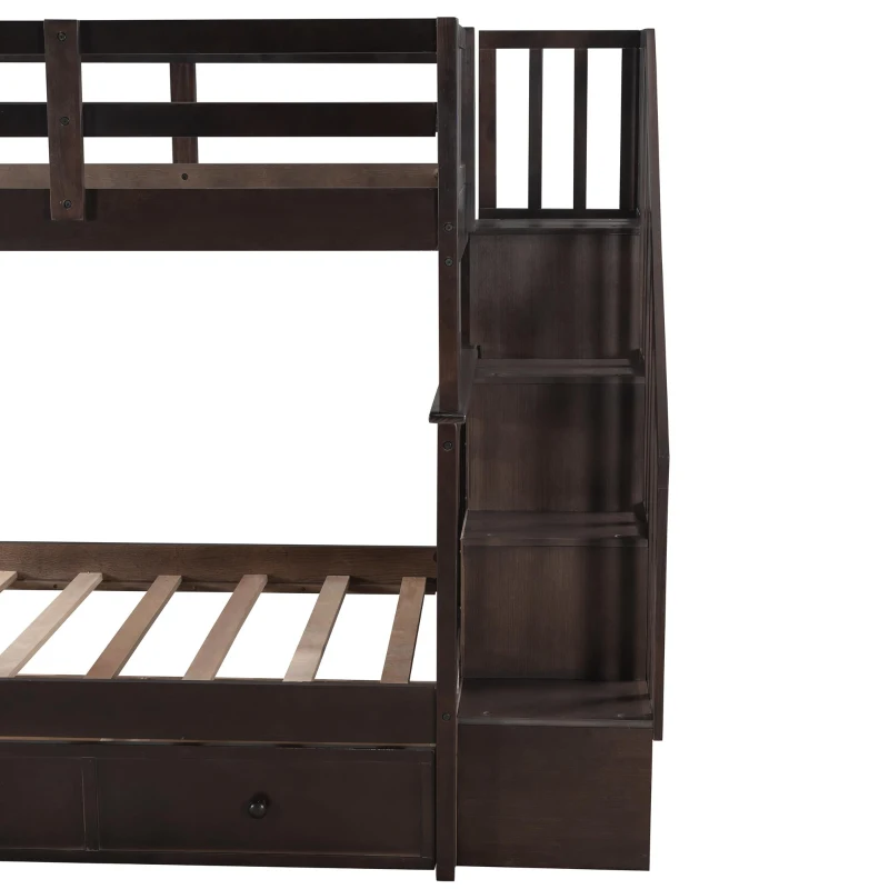 Practical Twin-Over-Twin Bunk Bed with Staircase Storage, Ideal Convertible Bunk Bed for Dorms, Children Bedrooms, 94" L x 42.5" W x 62" H, Espresso