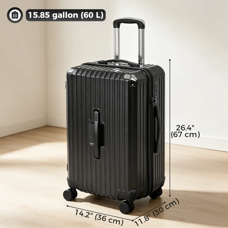 HOMCOM 24-Inch Checked Luggage, Hardside Suitcase with Cup Holder, Corner Protection, Double Spinner Wheels, TSA Lock, Black