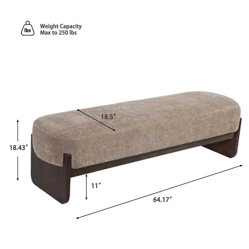 Elegant Bouclé Ottoman Bench with Dark Rubberwood Legs, Soft Rectangular Footrest for Living Room, 64'' L x 18.5'' W x 18.5'' H, Brown
