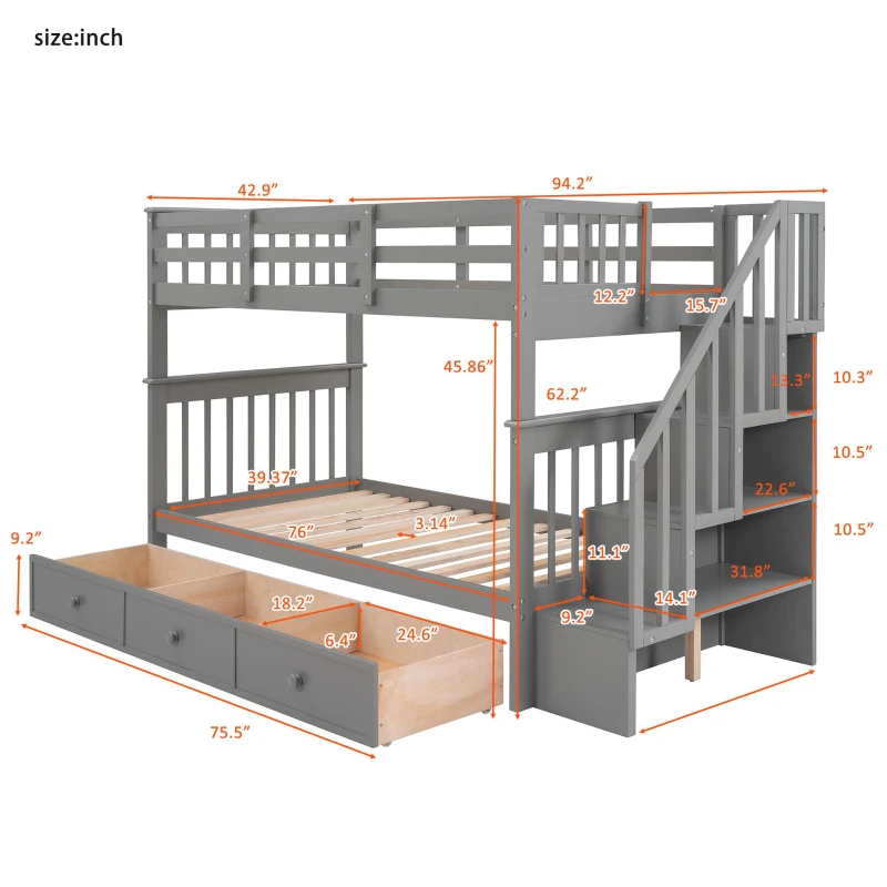 Practical Twin-Over-Twin Bunk Bed with Staircase Storage, Ideal Convertible Bunk Bed for Dorms, Children Bedrooms, 94" L x 42.5" W x 62" H, Gray