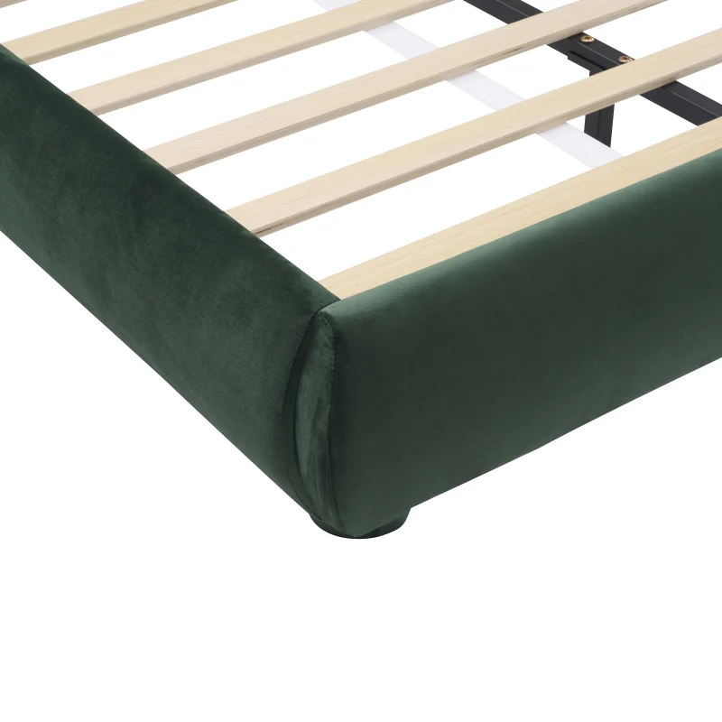 Modern Upholstered King Bed Frame with Curved Headboard, Soft Bouclé Sleeper Bed for Bedroom, 87'' L x 84.5'' W x 33.5'' H, Dark Green