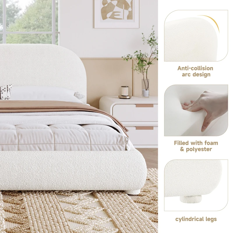 Modern Upholstered Queen Bed Frame with Curved Headboard, Soft Bouclé Platform Bed for Bedroom, 87'' L x 68.5'' W x 33.5'' H, Creamy White
