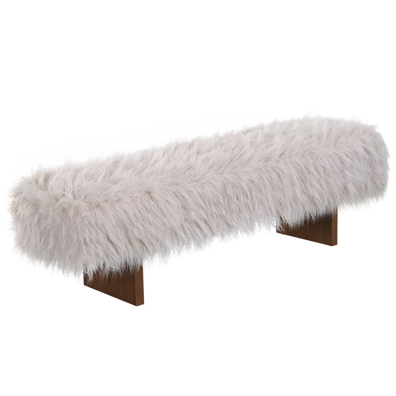 Modern Ultra-Plush Bench with Solid Rubberwood Legs, Extra-Long Accent Seat for Entryway, 67'' L x 18.5'' W x 16.5'' H, Beige+Brown
