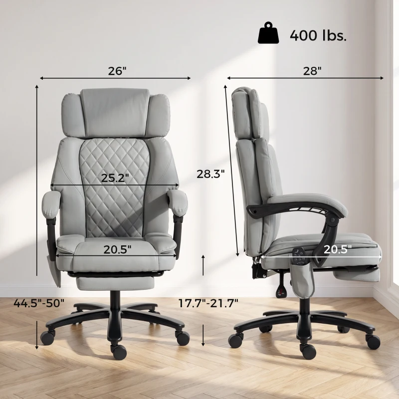 HOMCOM Massage Office Chair with Heat, 400lbs Heavy Duty Desk Chair with Adjustable Headrest, Reclining, Footrest, Light Gray