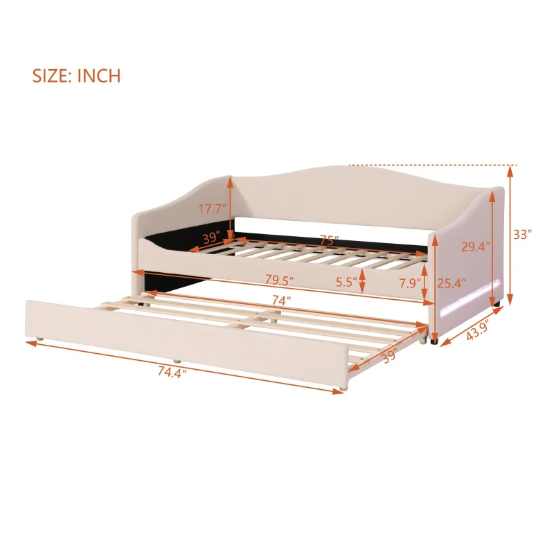 Space-Saving Upholstered Daybed with Twin Size Thurdle, Ideal Sofa Bed for Small Apartments, 79.5" L x 44" W x 33" H, Beige