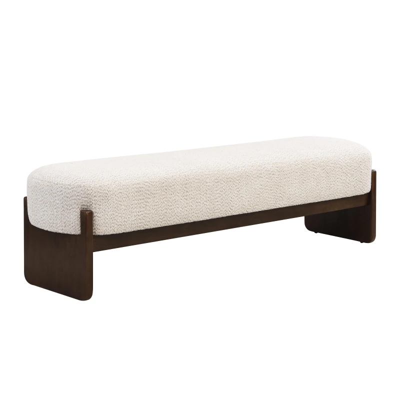 Elegant Bouclé Ottoman Bench with Dark Rubberwood Legs, Soft Rectangular Footrest for Living Room, 64'' L x 18.5'' W x 18.5'' H, Beige+Brown