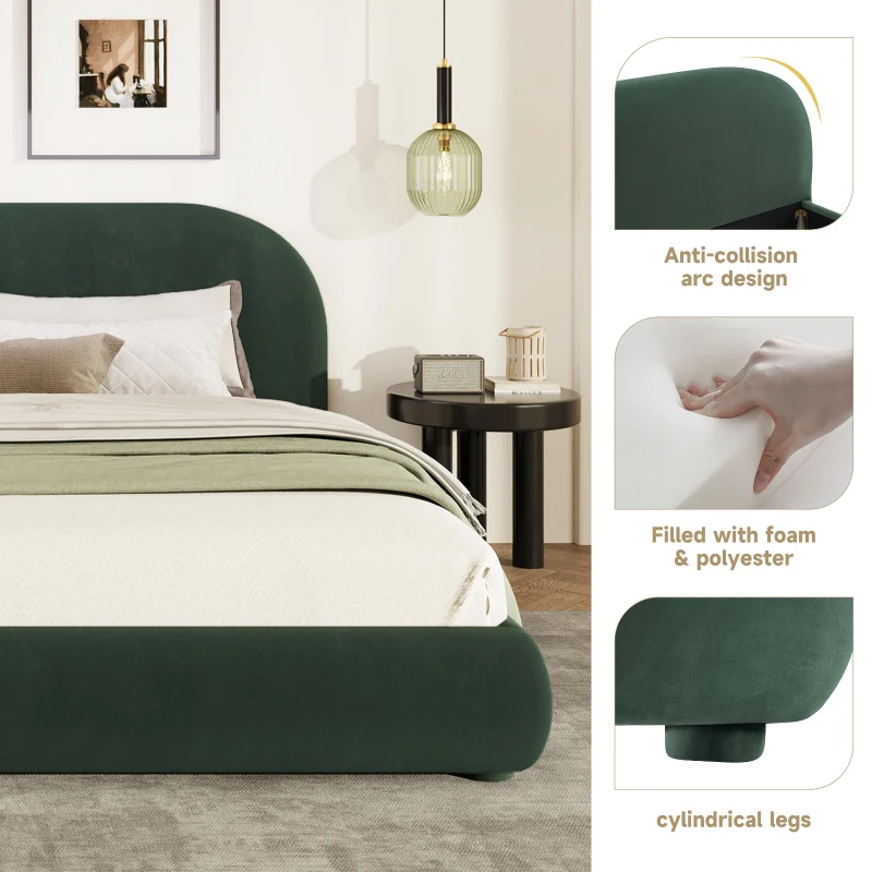 Modern Upholstered King Bed Frame with Curved Headboard, Soft Bouclé Sleeper Bed for Bedroom, 87'' L x 84.5'' W x 33.5'' H, Dark Green