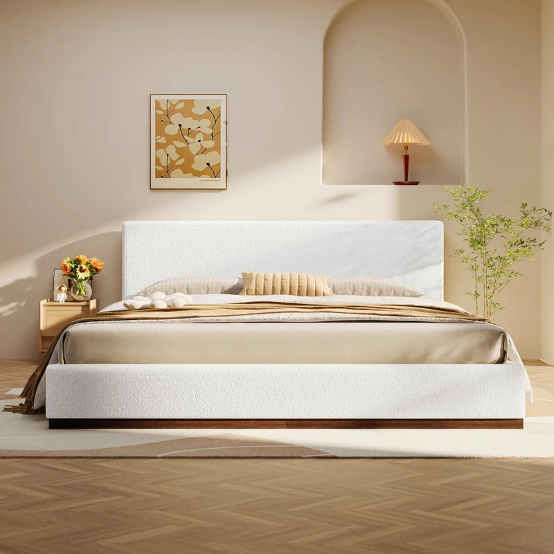Elegant Upholstered Queen Bed Frame with Wooden Slats, Soft Teddy Fleece Platform Bed for Bedroom, 86.5'' L x 64.5'' W x 33.5'' H, Brown+White