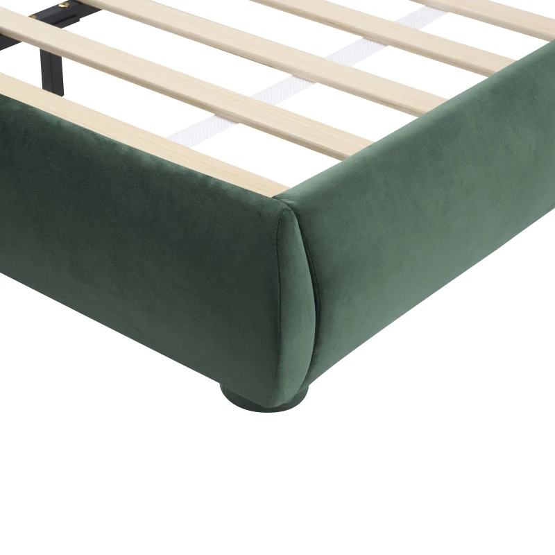 Luxury Upholstered Queen Bed Frame with Curved Headboard, Soft Velvet Sleeper Bed for Bedroom, 87'' L x 68.5'' W x 33.5'' H, Dark Green