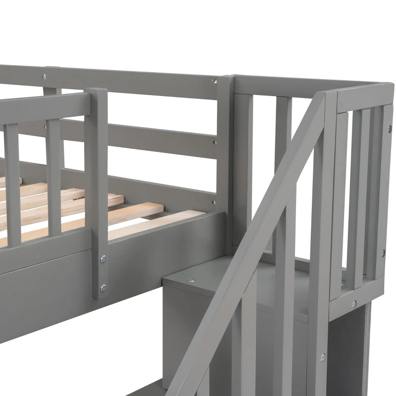 Practical Twin-Over-Twin Bunk Bed with Staircase Storage, Ideal Convertible Bunk Bed for Dorms, Children Bedrooms, 94" L x 42.5" W x 62" H, Gray