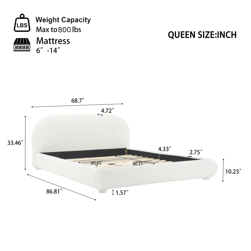 Modern Upholstered Queen Bed Frame with Curved Headboard, Soft Bouclé Platform Bed for Bedroom, 87'' L x 68.5'' W x 33.5'' H, Creamy White