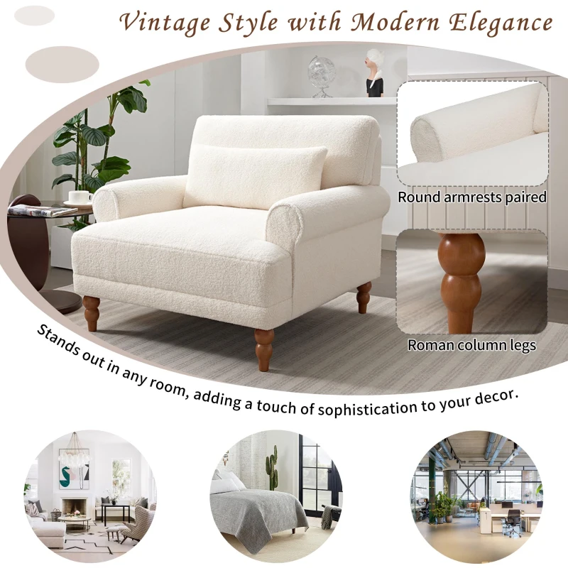 Luxurious Accent Chair with Circular Armrests and Ergonomic Lumbar Support, Cozy Lounger for Living Rooms, 36.5" L x 37.5" W x 32.5" H, Beige
