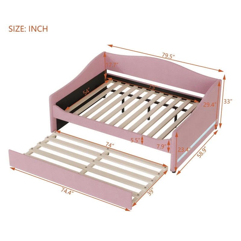 Cozy Full Size Upholstered Daybed with Twin Trundle, Ideal Sofa Bed for Overnight Guests, 79.5" L x 58.5" W x 33" H, Pink