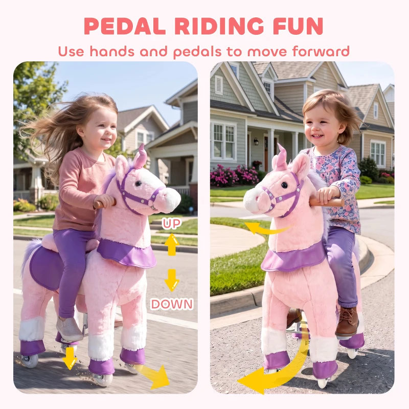 Qaba Ride on Horse for Kids 2+ Years, 29.5" Height Plush Ride On Pony Riding Horse with Rotatable Head and Sounds, Pink