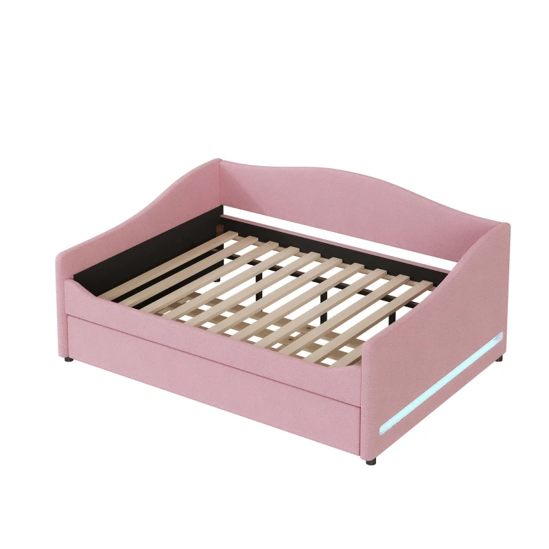 Cozy Full Size Upholstered Daybed with Twin Trundle, Ideal Sofa Bed for Overnight Guests, 79.5" L x 58.5" W x 33" H, Pink