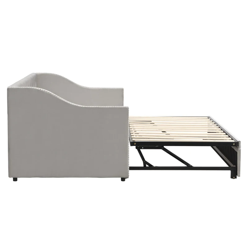 Practical Twin Upholstered Daybed with Pop-Up Trundle, Perfect Sofa Bed for Guest Rooms and Kids Rooms, 82" L x 81.5" W x 33" H, Gray