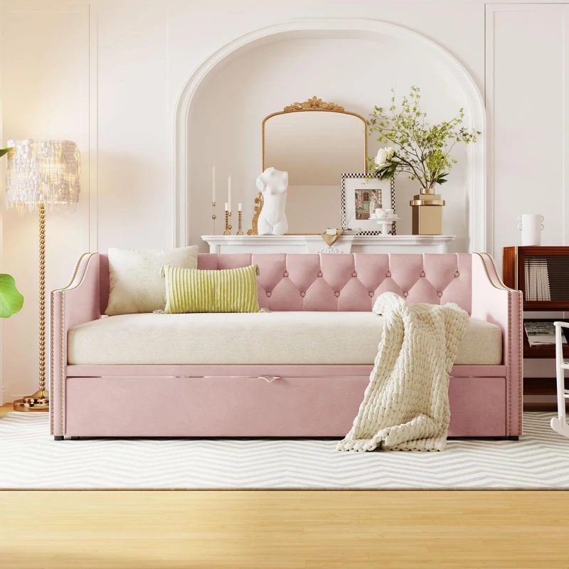 Practical Twin Upholstered Daybed with Pop-Up Trundle, Perfect Sofa Bed for Guest Rooms and Kids Rooms, 82" L x 81.5" W x 33" H, Pink