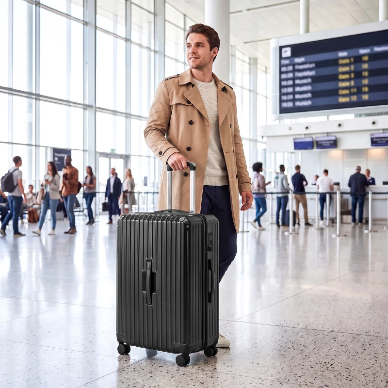 HOMCOM 28-Inch Checked Luggage, Hardside Suitcase with Cup Holder, Corner Protection, Double Spinner Wheels, TSA Lock, Black