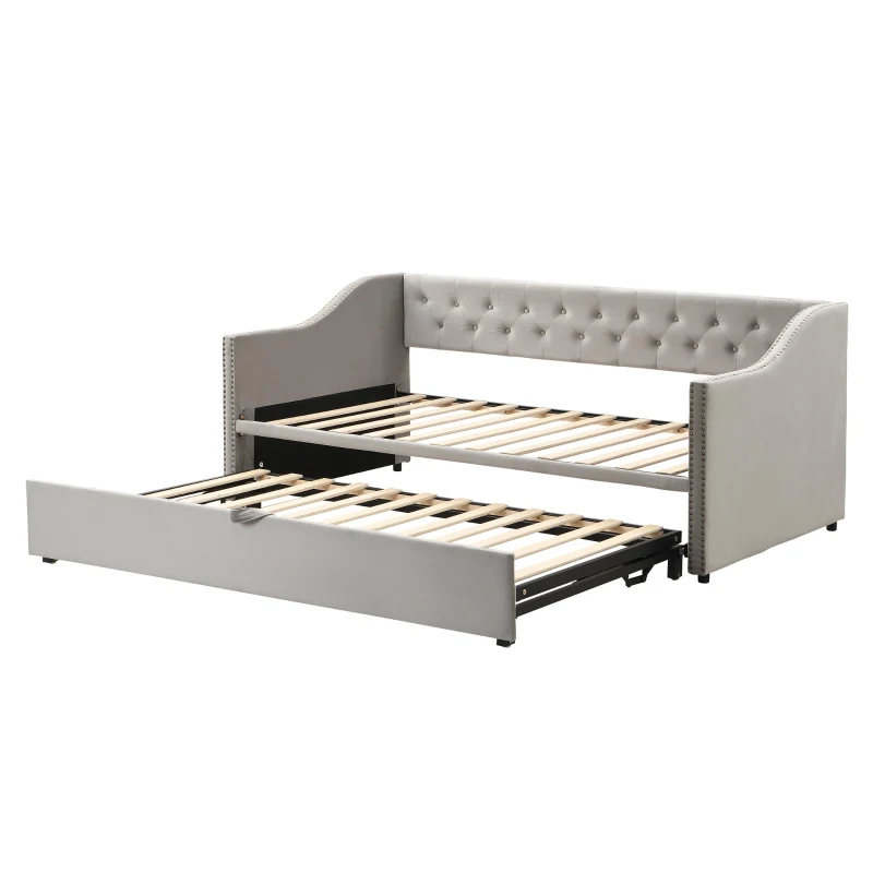 Practical Twin Upholstered Daybed with Pop-Up Trundle, Perfect Sofa Bed for Guest Rooms and Kids Rooms, 82" L x 81.5" W x 33" H, Gray
