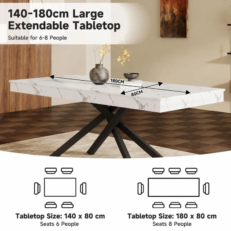 Modern Extendable Dining Table with Metal Cross Legs, Expandable Kitchen Table for Kitchen, 71'' L x 31.5'' W x 30'' H, White