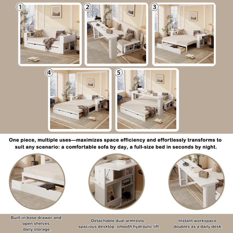 Modern Daybed with Removable Desk and Bottom Drawer, Multi-Functional Sofa Bed for Compact Apartments, 82" L x 71.5" W x 25.5" H, White