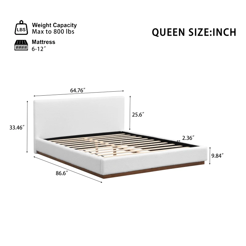 Elegant Upholstered Queen Bed Frame with Solid Wood Base Frame, Antique Fabric Platform Bed for Bedroom, 86.5'' L x 64.5'' W x 33.5'' H, Brown+White