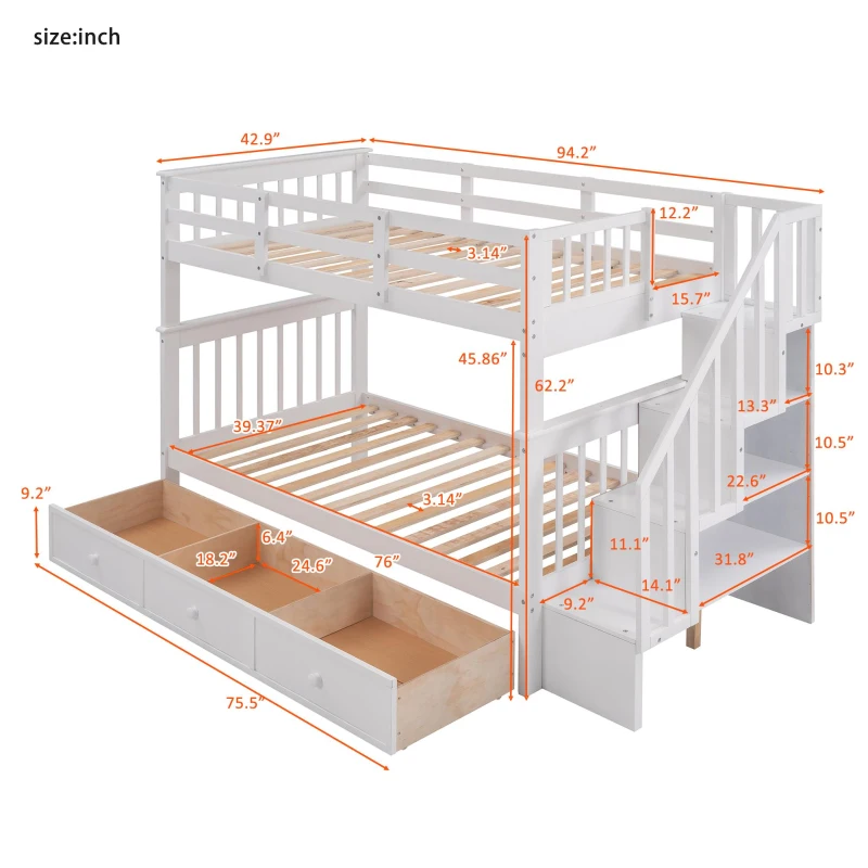 Practical Twin-Over-Twin Bunk Bed with Staircase Storage, Ideal Convertible Bunk Bed for Dorms, Children Bedrooms, 94" L x 42.5" W x 62" H, White