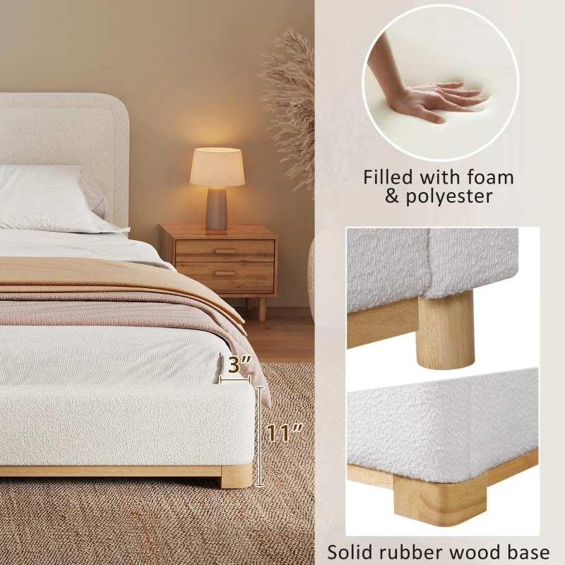 Modern Low-Profile King Bed Frame with Curved Headboard, Soft Bouclé Sleeper Bed for Bedroom, 87'' L x 81.5'' W x 40'' H, White