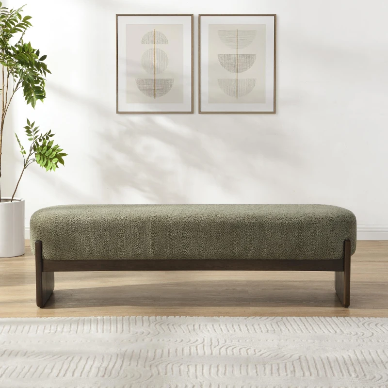 Elegant Bouclé Ottoman Bench with Dark Rubberwood Legs, Soft Rectangular Footrest for Living Room, 64'' L x 18.5'' W x 18.5'' H, Brown+Dark Green