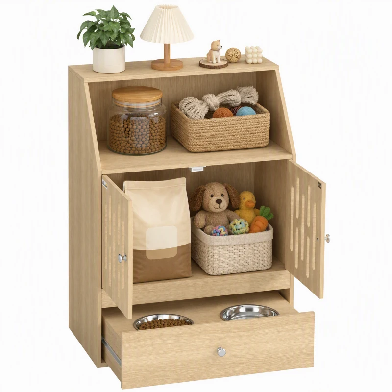 PawHut Dog Feeding Station, Pet Food Storage Cabinet with 2 Elevated Bowls & Slow-Feed Mat for Dogs & Cats