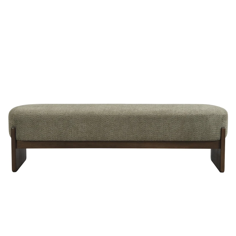 Elegant Bouclé Ottoman Bench with Dark Rubberwood Legs, Soft Rectangular Footrest for Living Room, 64'' L x 18.5'' W x 18.5'' H, Brown+Dark Green