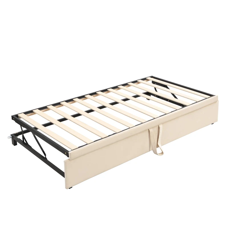 Practical Twin Upholstered Daybed with Pop-Up Trundle, Perfect Sofa Bed for Guest Rooms and Kids Rooms, 82" L x 81.5" W x 33" H, Beige