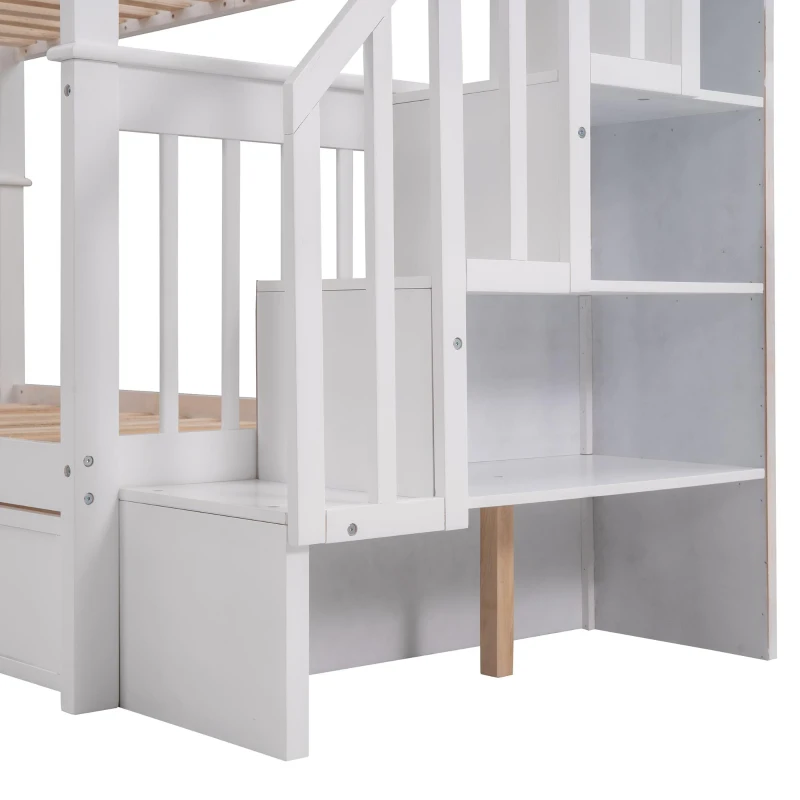 Practical Twin-Over-Twin Bunk Bed with Staircase Storage, Ideal Convertible Bunk Bed for Dorms, Children Bedrooms, 94" L x 42.5" W x 62" H, White