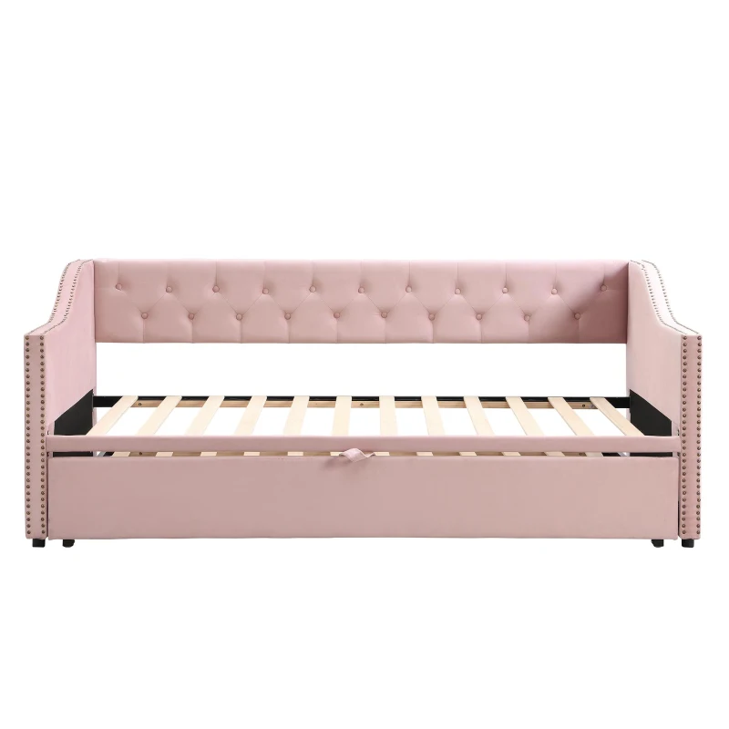 Practical Twin Upholstered Daybed with Pop-Up Trundle, Perfect Sofa Bed for Guest Rooms and Kids Rooms, 82" L x 81.5" W x 33" H, Pink