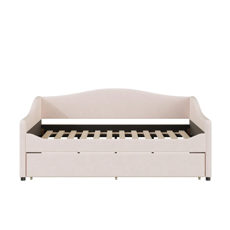 Cozy Full Size Upholstered Daybed with Twin Trundle, Ideal Sofa Bed for Overnight Guests, 79.5" L x 58.5" W x 33" H, Beige