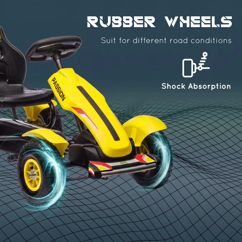 Aosom Kids Pedal Go Kart, Outdoor Ride on Toys with Adjustable Seat, Sharp Handling, Handbrake, 4 Non-Slip Rubber Wheels for Boys & Girls Aged 5-12 Years Old, Yellow