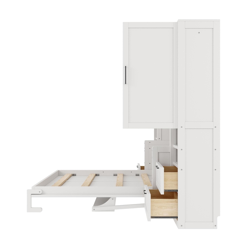 Functional Queen Murphy Bed with Side-Flip Space-Saving Design, Modern Wall Bed for Compact Bedrooms, 113.5" L x 16.5" W x 87" H, White