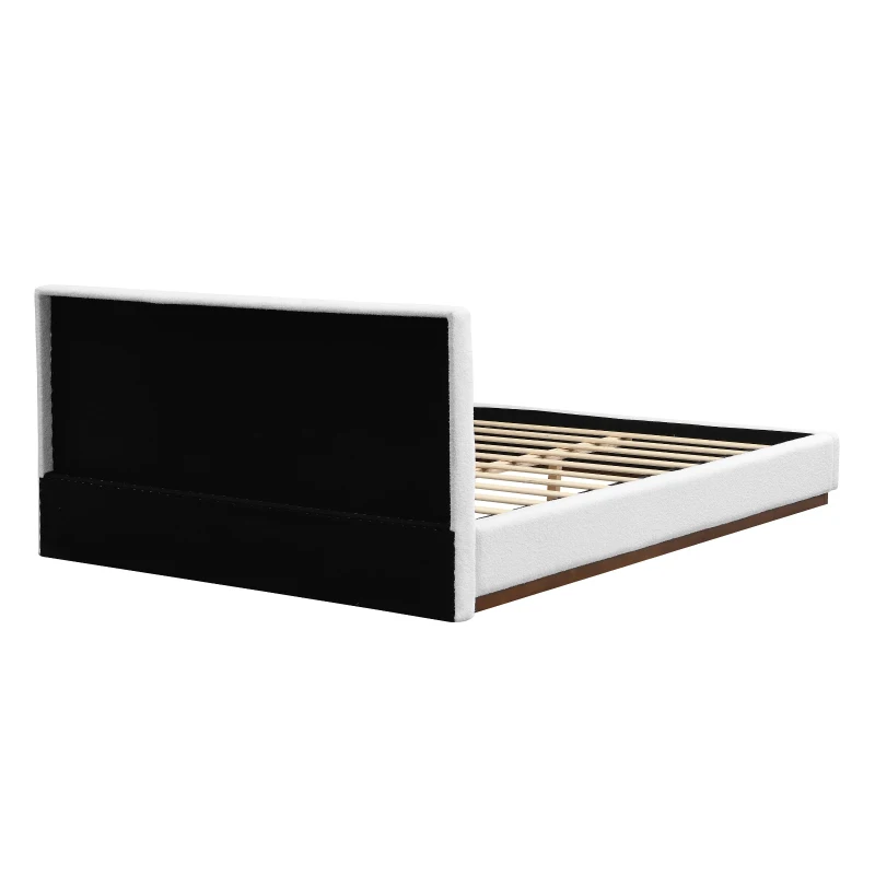 Elegant Upholstered Queen Bed Frame with Wooden Slats, Soft Teddy Fleece Platform Bed for Bedroom, 86.5'' L x 64.5'' W x 33.5'' H, Brown+White