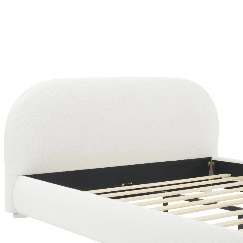 Modern Upholstered Queen Bed Frame with Curved Headboard, Soft Bouclé Platform Bed for Bedroom, 87'' L x 68.5'' W x 33.5'' H, Creamy White