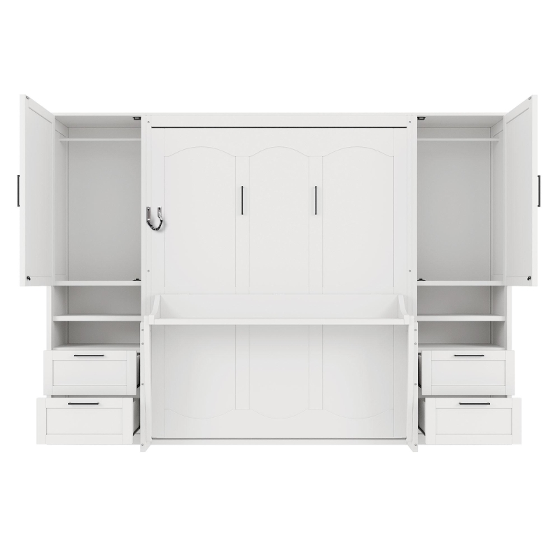Functional Queen Murphy Bed with Side-Flip Space-Saving Design, Modern Wall Bed for Compact Bedrooms, 113.5" L x 16.5" W x 87" H, White