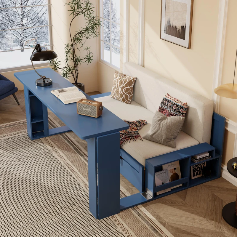 Modern Daybed with Removable Desk and Bottom Drawer, Multi-Functional Sofa Bed for Compact Apartments, 82" L x 71.5" W x 25.5" H, Blue