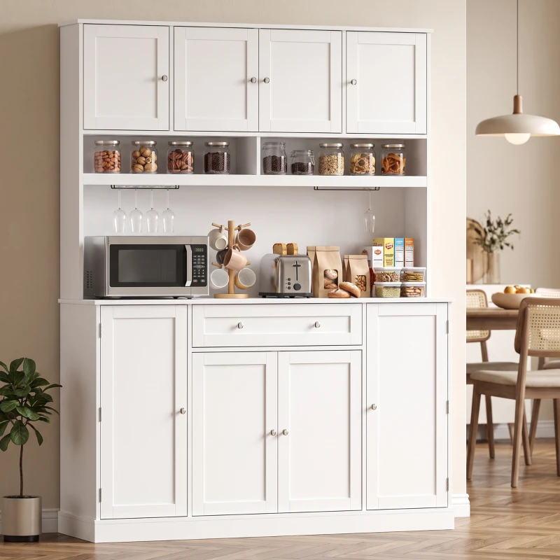 HOMCOM 73" Pantry Cabinet with Charging Station, 55" Wide Kitchen Pantry with Microwave Stand, White