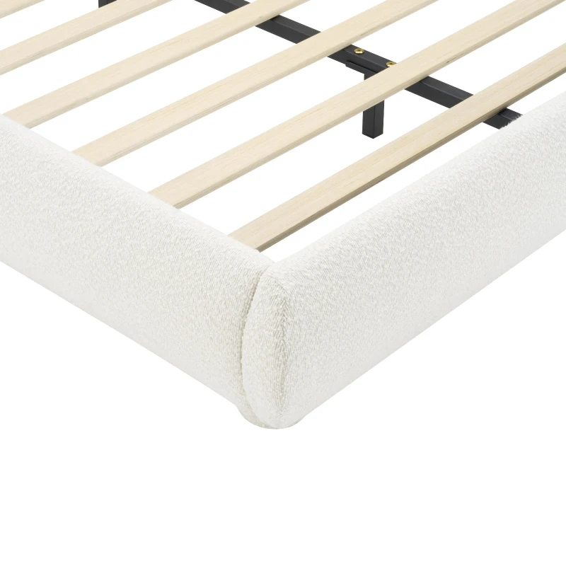Modern Upholstered King Bed Frame with Curved Headboard, Soft Bouclé Sleeper Bed for Bedroom, 87'' L x 84.5'' W x 33.5'' H, Cream White