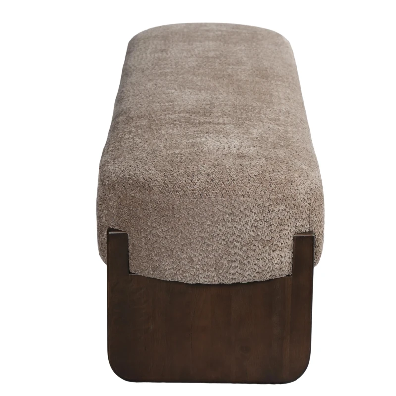 Elegant Bouclé Ottoman Bench with Dark Rubberwood Legs, Soft Rectangular Footrest for Living Room, 64'' L x 18.5'' W x 18.5'' H, Brown