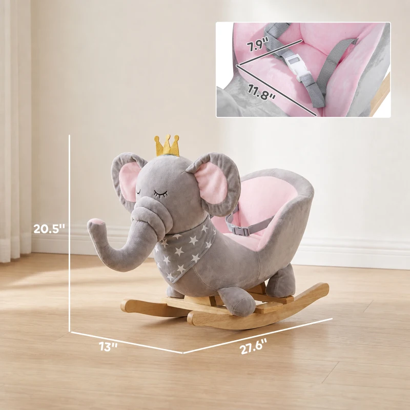 Qaba Baby Rocking Horse Elephant Rocking Chair Toddler Rocker Toy with Sound Wooden Base Seat for 1.5-3 Year Old, Gray