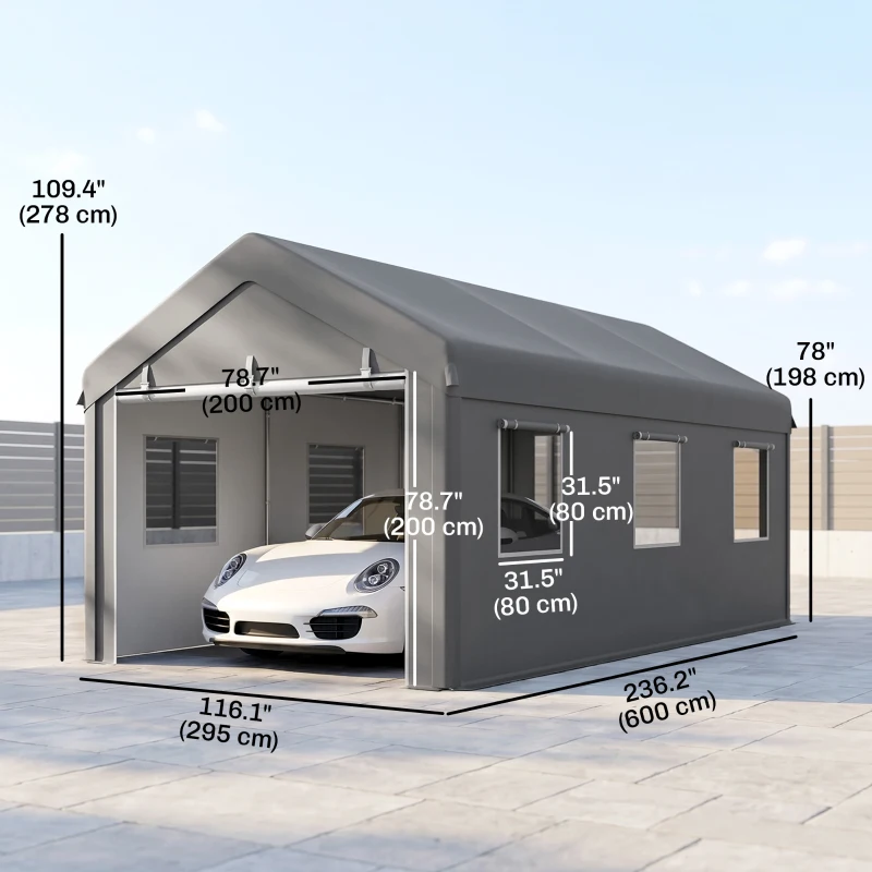 Outsunny 10' x 20' Carport, Heavy Duty Portable Garage with 6 Mesh Windows and 2 Doors, Light Grey
