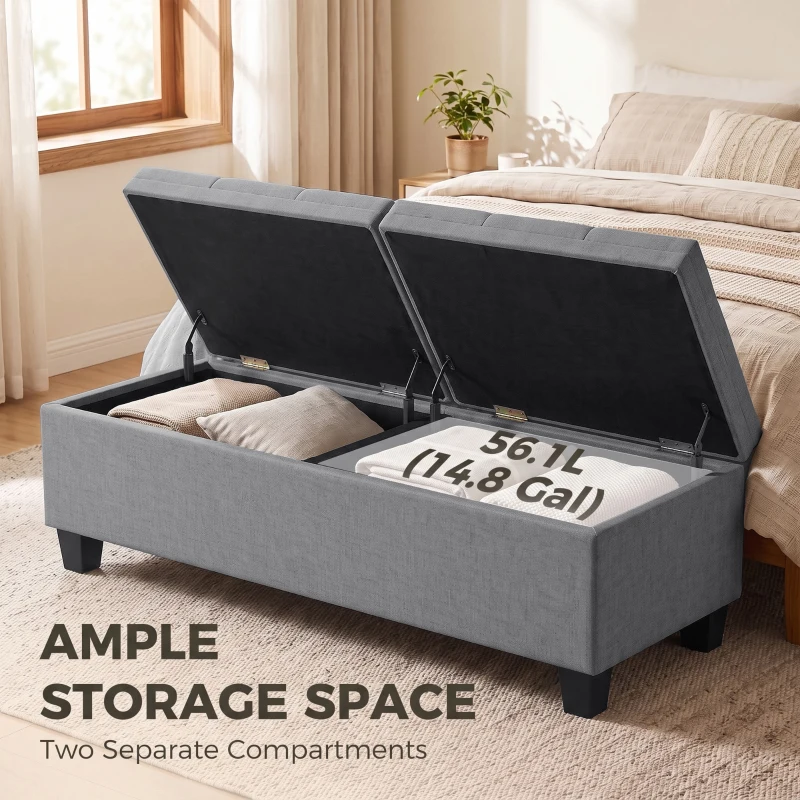 HOMCOM 51.2" Storage Ottoman Bench, End of Bed Bench with 2 Compartments, Dual Lift Lids, Dark Grey