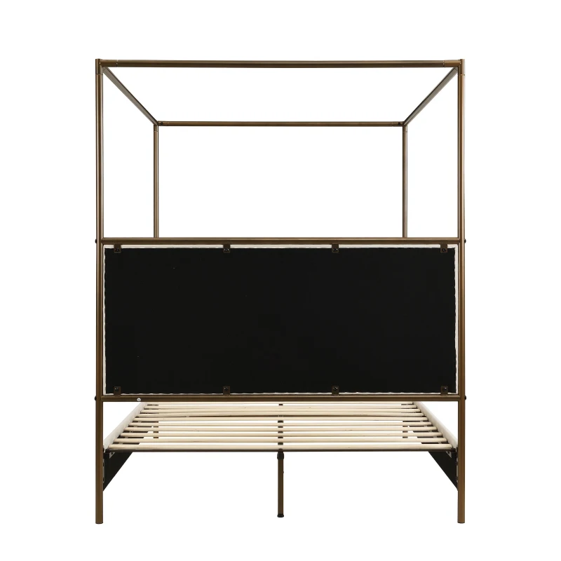Modern 4-Poster Canopy Bed Frame with Upholstered Headboard, Steel Metal Sleeper Bed for Bedroom, 83.5'' L x 63'' W x 78.5'' H, Beige+Bronze