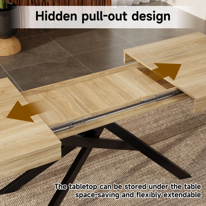 Modern Extendable Dining Table with Metal Cross Legs, Expandable Kitchen Table for Kitchen, 71'' L x 31.5'' W x 30'' H, Oak